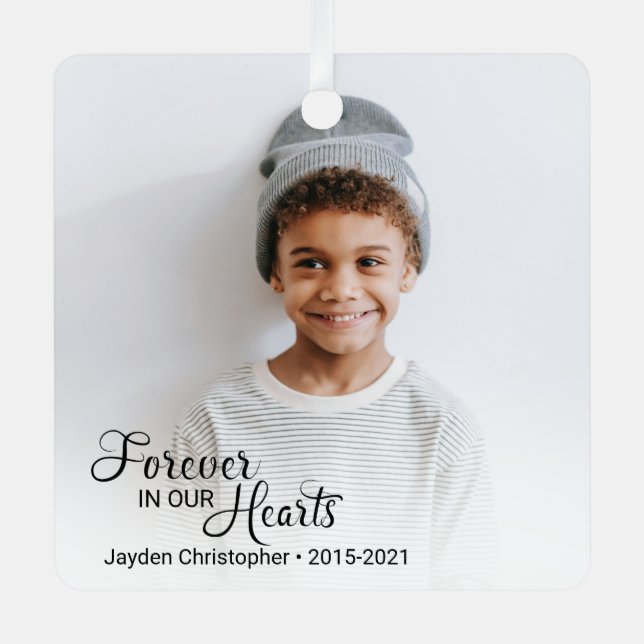 Memorial Child Photo Forever In Our Hearts Metal Ornament (Front)