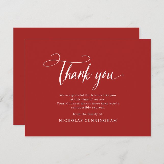 Memorial Classic Simple Cursive Typography Thank You Card (Front/Back)