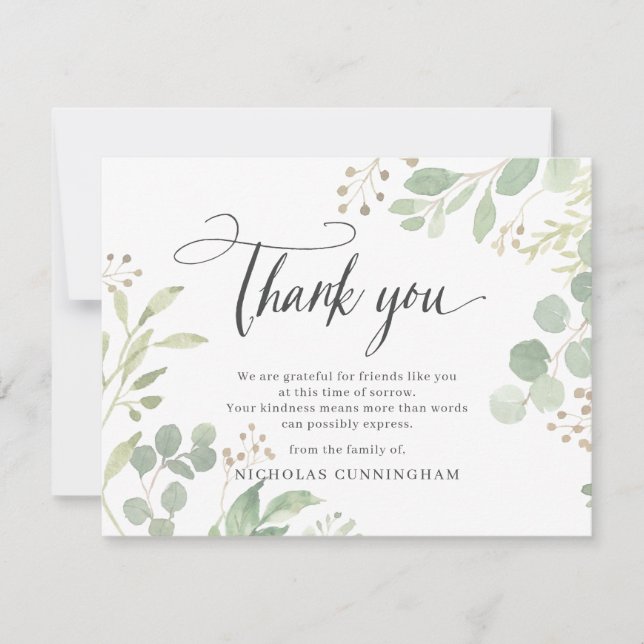 Memorial Classic Simple Greenery Foliage Botanical Thank You Card (Front)