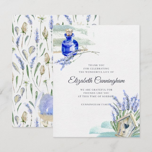 Memorial Country Rustic Lavender Floral Botanicals Thank You Card (Front/Back)