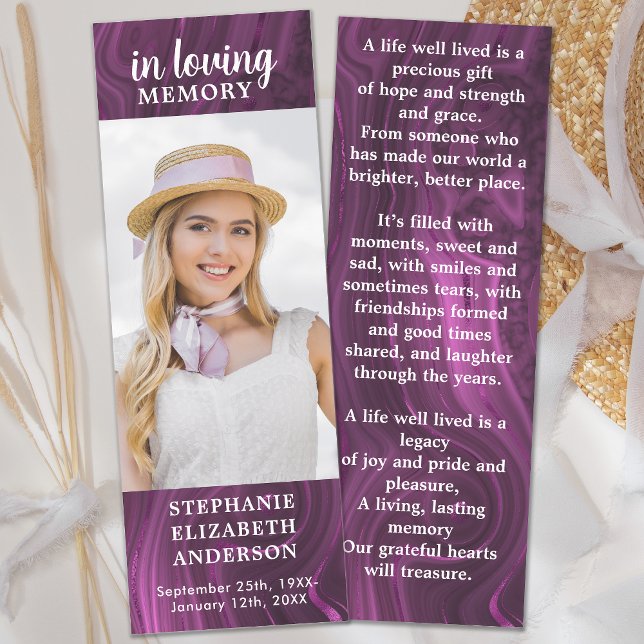 Memorial Custom Photo Purple Marble Funeral Prayer Bookmarks (Creator Uploaded)