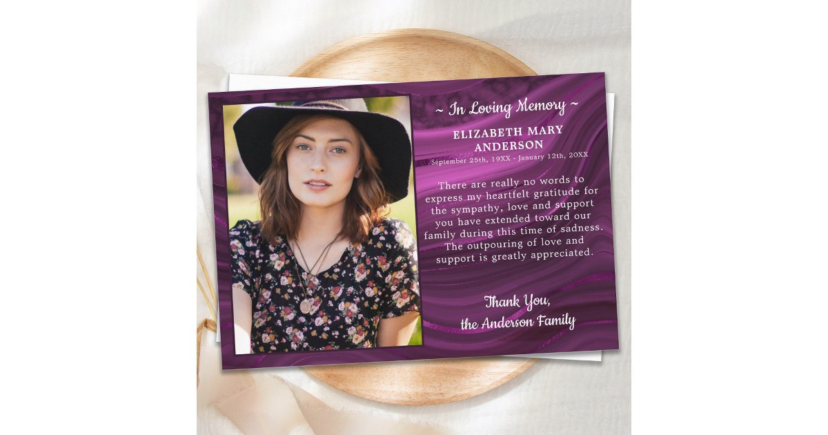 Memorial Custom Photo Purple Marble Funeral Thank You Card | Zazzle