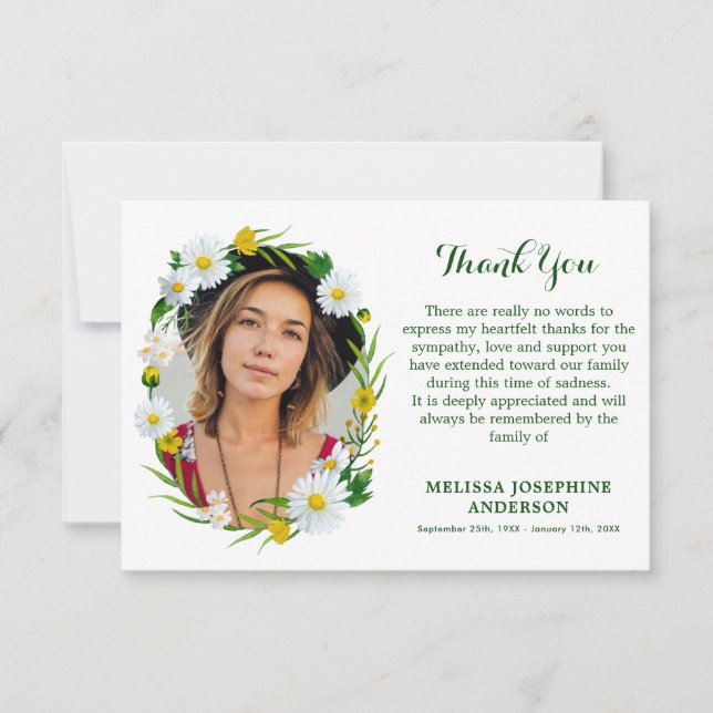 Memorial Daisy Floral Photo Sympathy Funeral Thank You Card (Front)