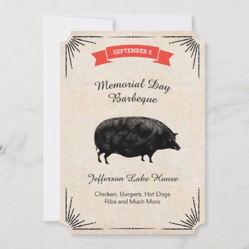 Memorial Day Barbeque BBQ Picnic Black Vintage Pig Invitation