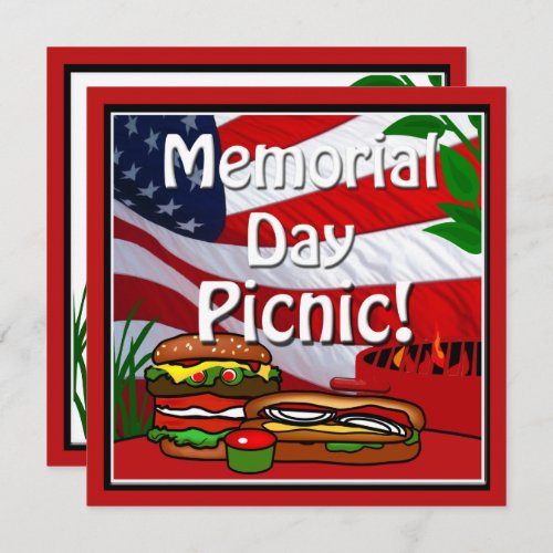 Memorial Day BBQ Grill Picnic Hamburger Hotdog Invitation