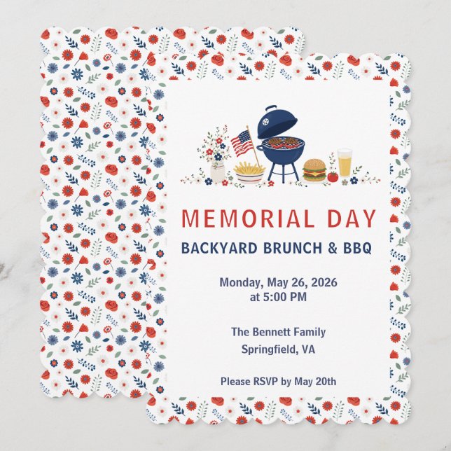 Memorial Day BBQ invitation | SA Memorial Floral (Front/Back)