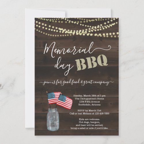 Memorial Day BBQ Party Invitation - Rustic Wood - Fairy lights, a wood background, and a mason jar with flags depicting your wonderfully rustic Memorial Day BBQ celebration.