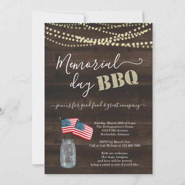 Memorial Day BBQ Party Invitation - Rustic Wood (Front)