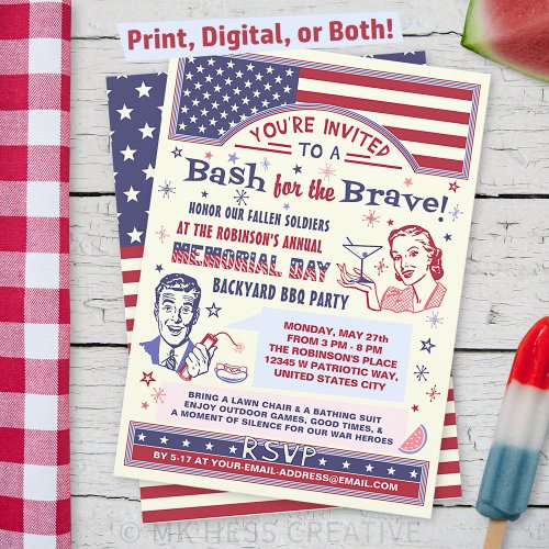 Memorial Day BBQ Party  Retro Patriotic Summer Invitation