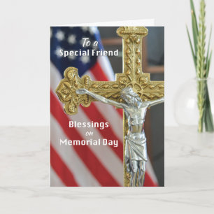Memorial Day Blessings to Friend with Cross & Flag Card