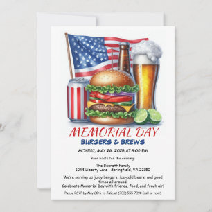 Memorial Day Burgers & Brews Backyard BBQ Party Invitation
