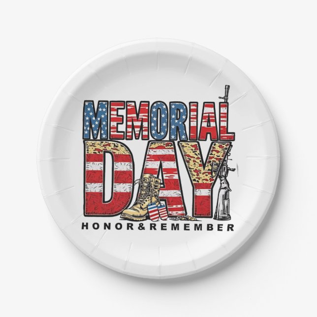 Memorial Day Honor & Remember US Flag Paper Plates (Front)