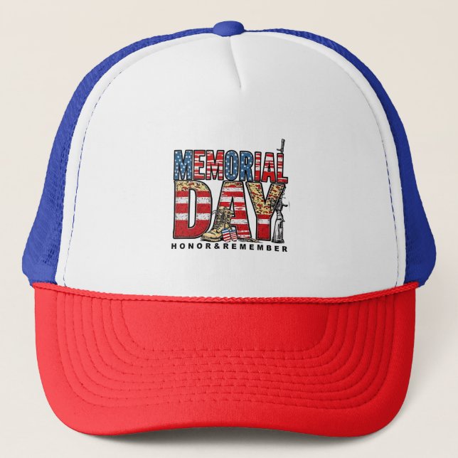 Memorial Day Honor & Remember US Flag Trucker Hat (Front)