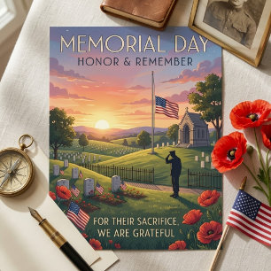 Memorial Day Illustrated Soldier Saluting Poppies Holiday Postcard