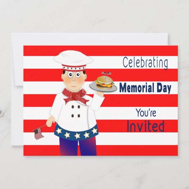 Memorial Day Invitation, Chef Serving Cheeseburger Invitation (Front)