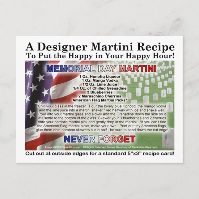 Memorial Day Martini Recipe Card Postcard (Front)