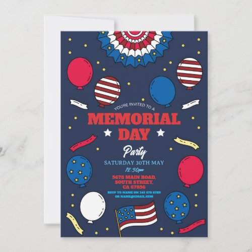 Memorial Day Party American Balloons Blue Invitation