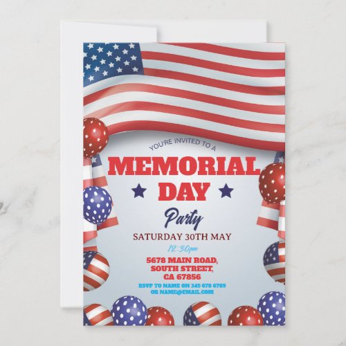 Memorial Day Party American Balloons Flags Navy Invitation