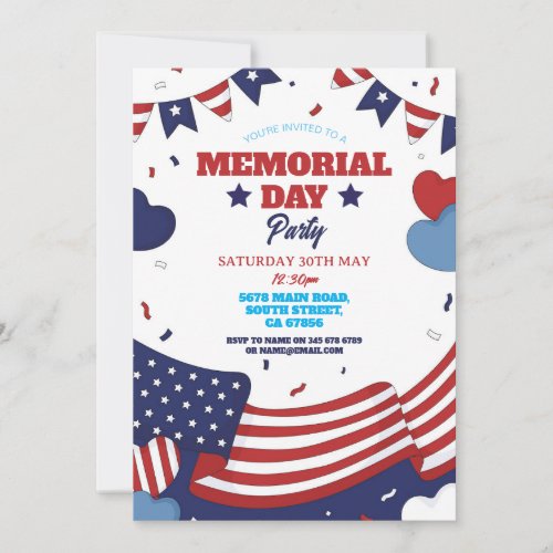 Memorial Day Party American Red White Blue Stars Invitation