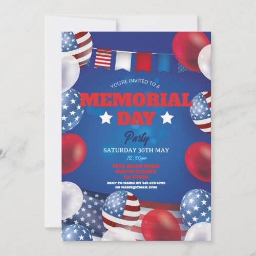Memorial Day Party BBQ American Balloons Flags Invitation