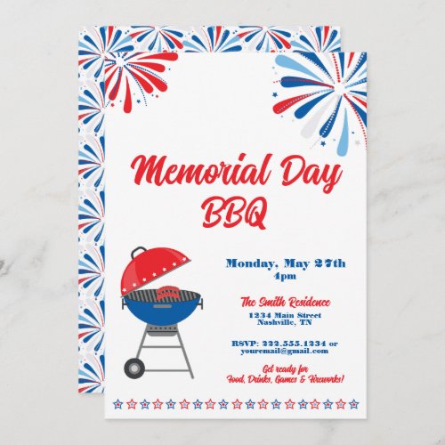 Memorial Day Party BBQ Patriotic Red White Blue Invitation