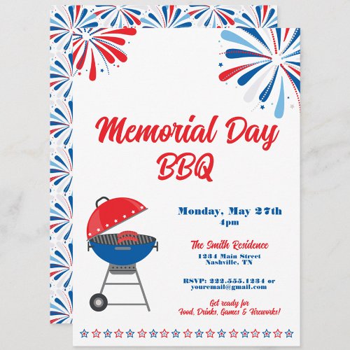 Memorial Day Party BBQ Patriotic Red White Blue Invitation