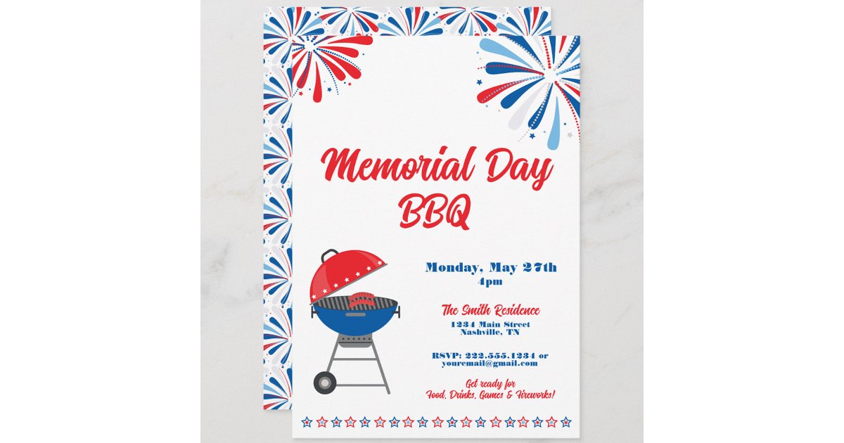 Memorial Day Party BBQ Patriotic Red White Blue Invitation | Zazzle