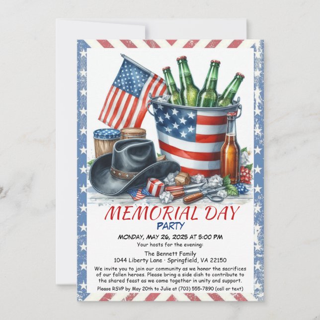 Memorial Day Party Invitation – USA Flag, Florals  (Front)