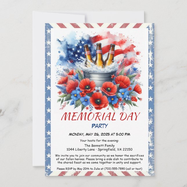 Memorial Day Party Invitation – USA Flag, Florals  (Front)