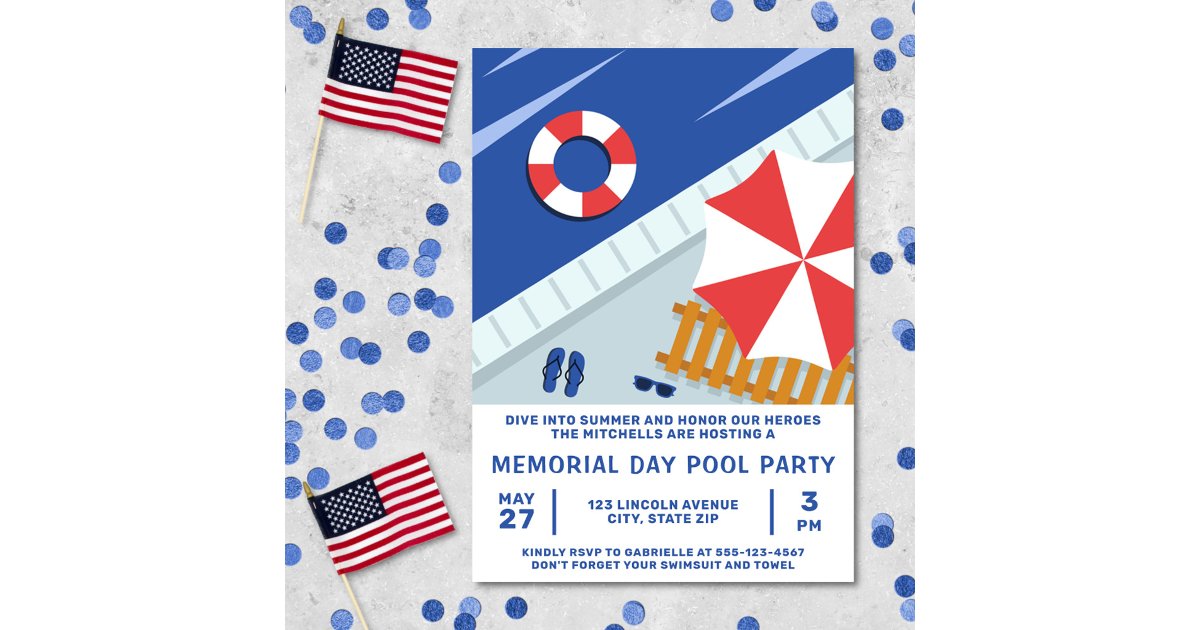 Memorial Day Pool Party Red White & Blue Invitation | Zazzle