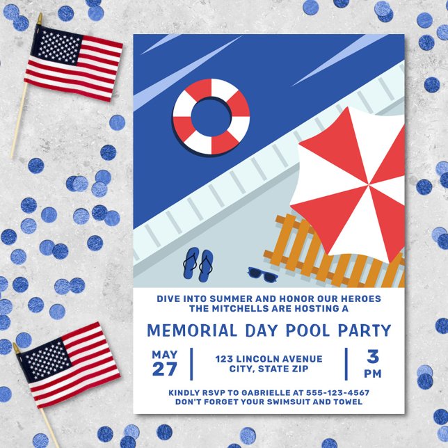 Memorial Day Pool Party Red White & Blue Invitation (Memorial Day pool party invitation)