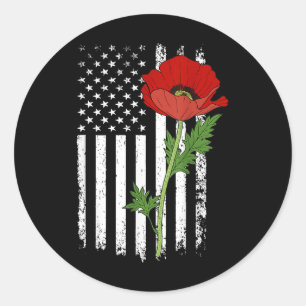 Memorial Day Red Poppy American Flag Veteran Milit Classic Round Sticker