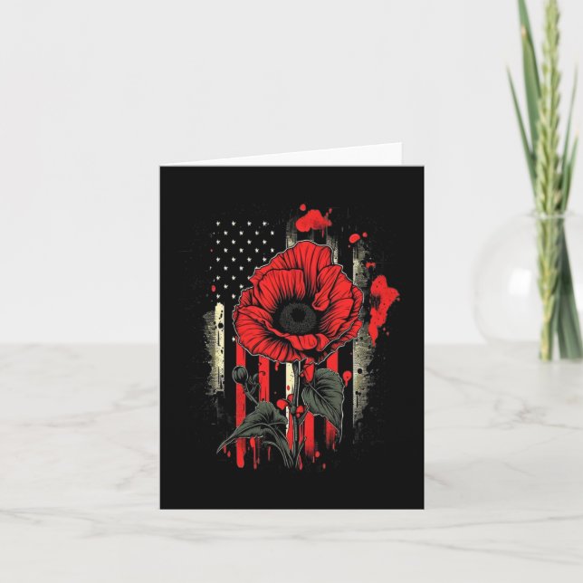 Memorial Day Red Poppy Flower American Flag Usa 4t Card (Front)