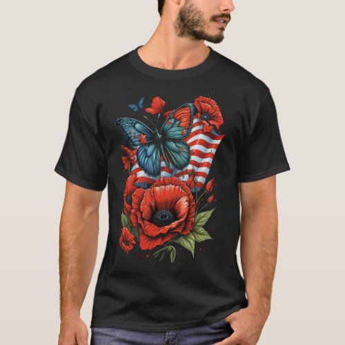 Memorial Day Red Poppy Flower Butterfly USA Flag 4 T_Shirt