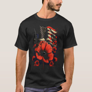 Memorial Day Red Poppy Flower USA Flag 4th of July T-Shirt