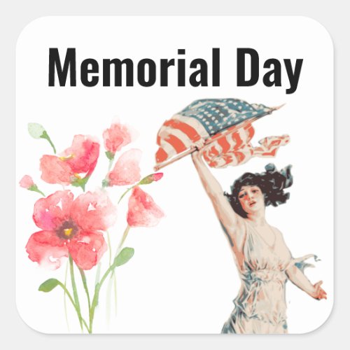 Memorial Day Red Poppy  Vintage American Flag Square Sticker