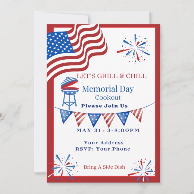 Memorial Day Red, White & Blue Cookout Invitation (Front)