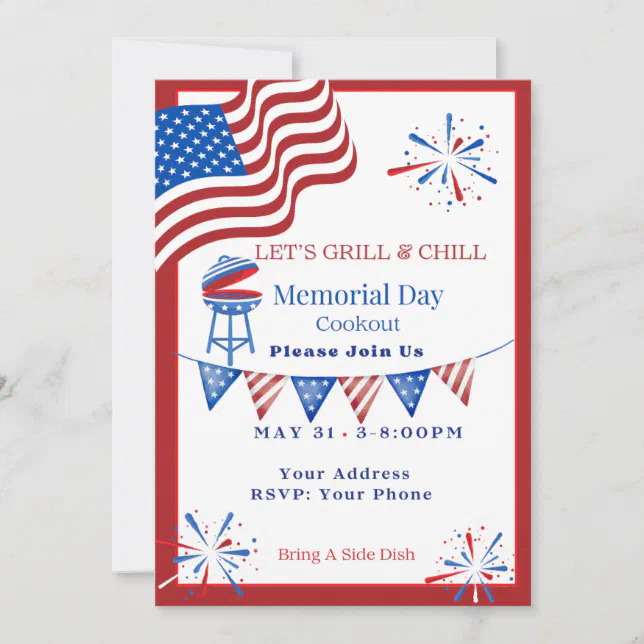 Memorial Day Red, White & Blue Cookout Invitation | Zazzle