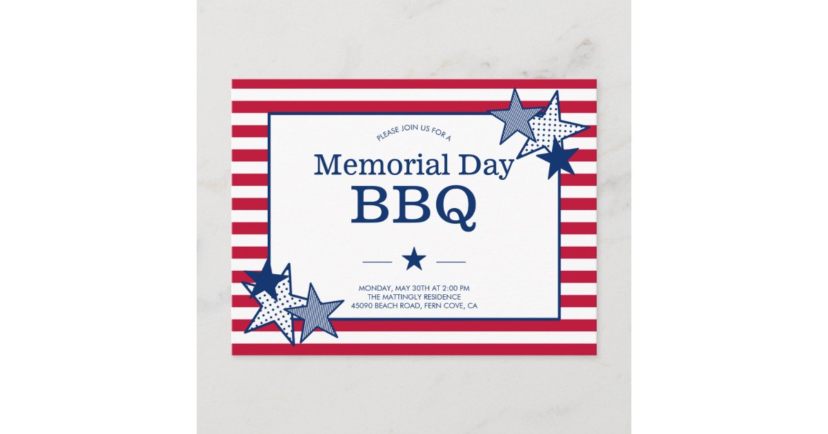Memorial Day Stars Stripes Modern Patriotic BBQ Invitation Postcard ...