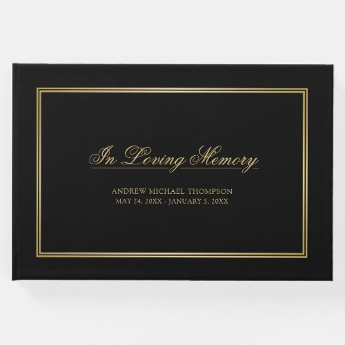 Memorial Elegant Black Gold Frame Script Funeral Guest Book