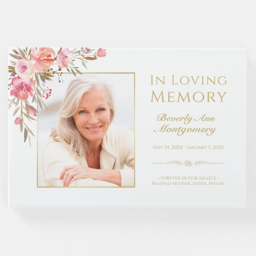 Memorial Elegant Blush Pink Floral Photo Funeral Guest Book