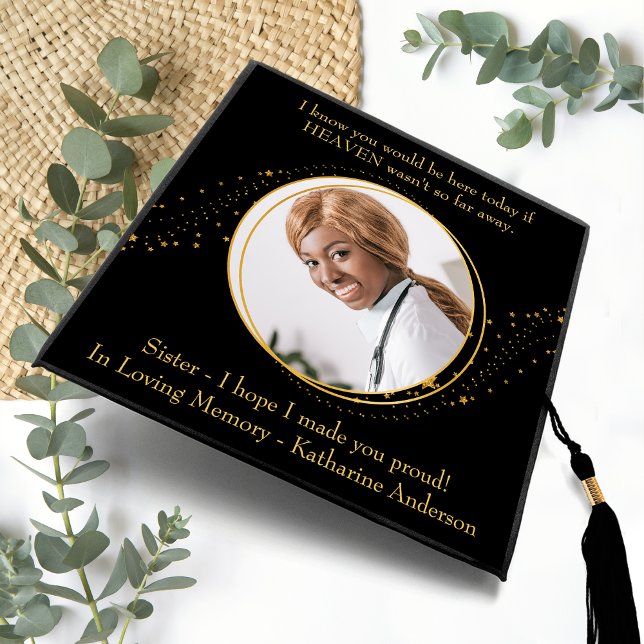 Memorial Elegant Gold Stars Graduate Custom Photo  Graduation Cap Topper (Creator Uploaded)