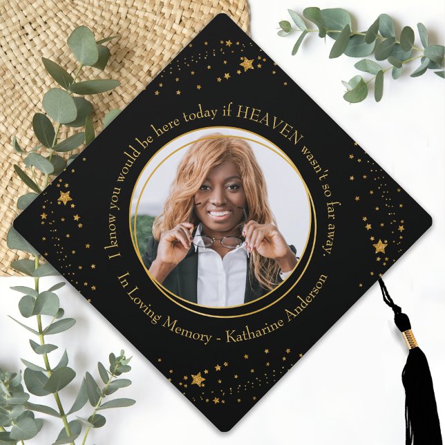 Memorial Elegant Graduate Custom Photo Gold Stars Graduation Cap Topper (Creator Uploaded)