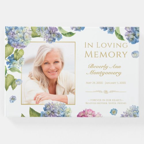 Memorial Elegant Hydrangea Floral Photo Funeral Guest Book