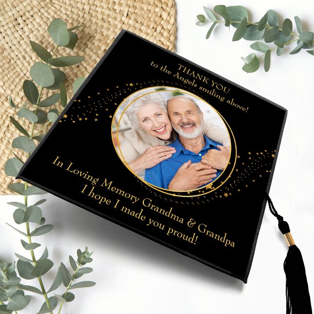 Memorial Elegant Personalized Gold Stars Photo  Graduation Cap Topper (Creator Uploaded)