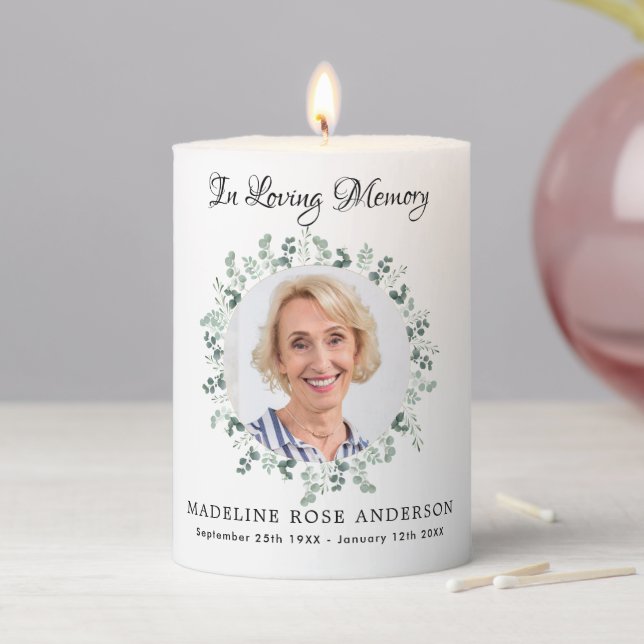 Memorial Eucalyptus Photo Loving Memory Funeral  Pillar Candle (In Situ)