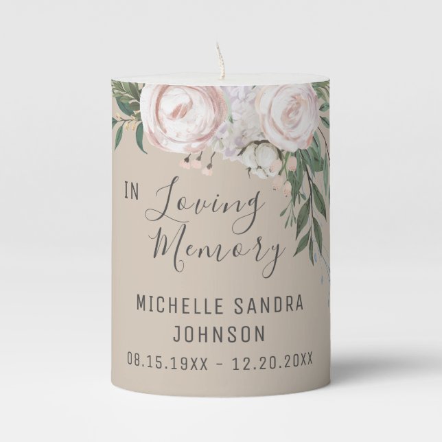  Memorial Floral beige Loving Memory Pillar Candle (Front)