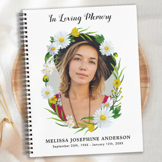 Memorial Floral Daisy Photo Funeral Guest Book Zazzle