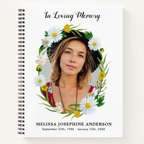 Memorial Floral Daisy Photo Funeral Guest Book - In Loving Memory Sympathy Photo Funeral Guest Book. This funeral guest book features an elegant floral daisy border frame, your photo, name and dates, on a modern white design. This funeral guest book is perfect keepsake for memorial service, celebration of life and funeral . COPYRIGHT © 2020 Judy Burrows, Black Dog Art - All Rights Reserved. Memorial Floral Daisy Photo Funeral Guest Book