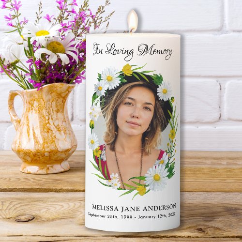 Memorial Floral Daisy Photo In Loving Memory  Pillar Candle